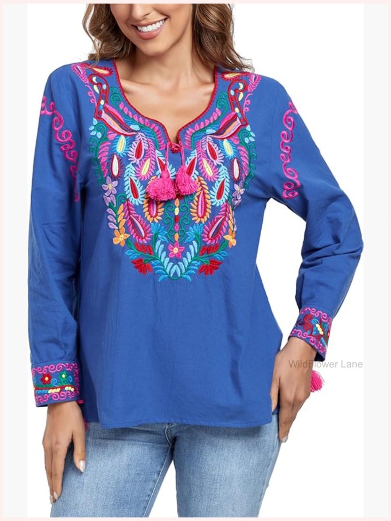 Mexican Embroidered Long Sleeve Blouse V-Neck Boho Tunic
